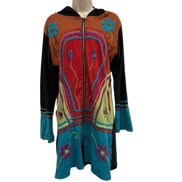 Rising International Long Zip Up Jacket Size L Boho Hippie Floral Patchwork - Picture 1 of 11